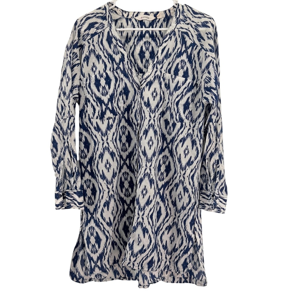 Athleta Ikat Print Tunic Top Blue White Cotton‎ Silk Blend 598035-02 Size Small